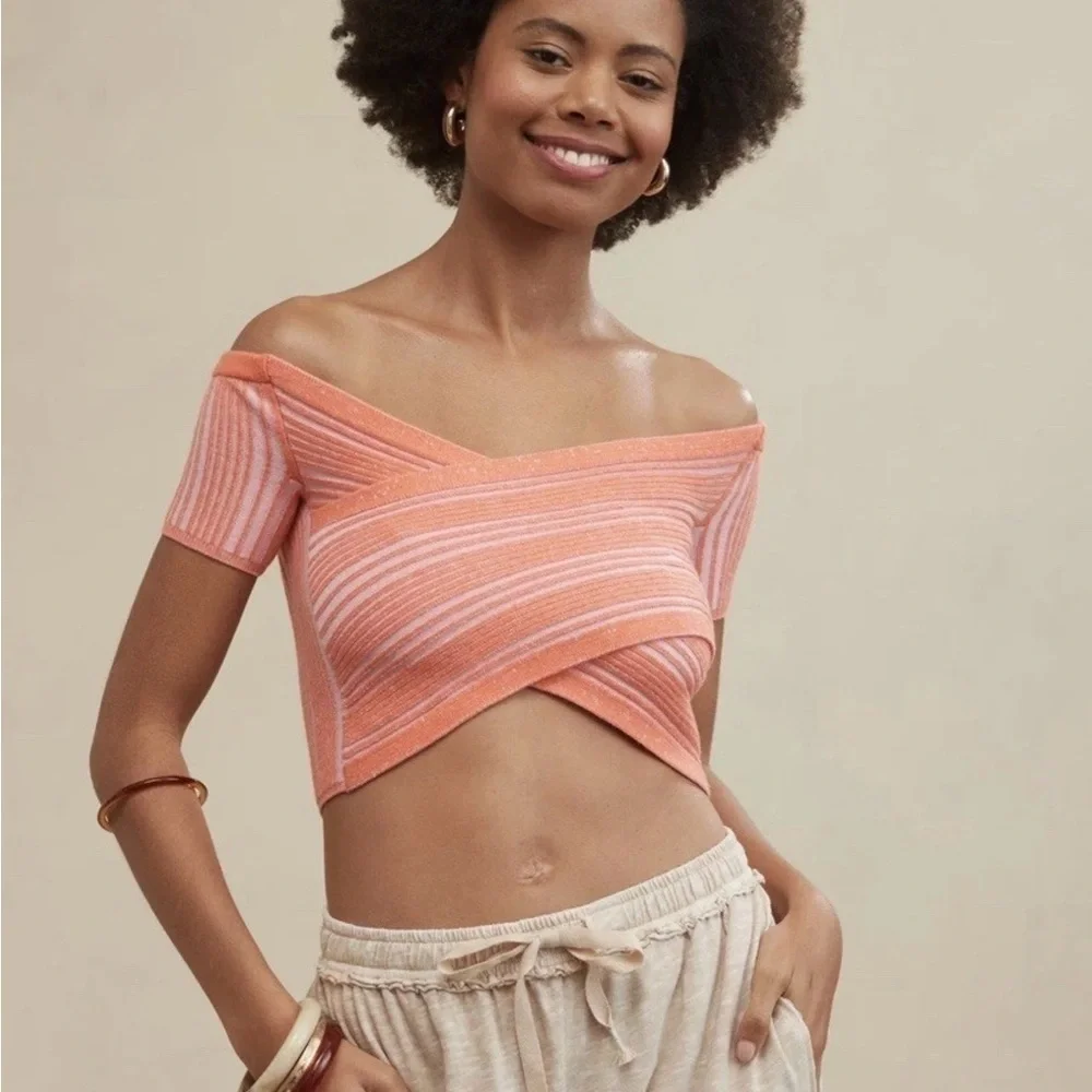 Aerie Peach Striped Off-Shoulder Crop Top - Picture 2 of 11
